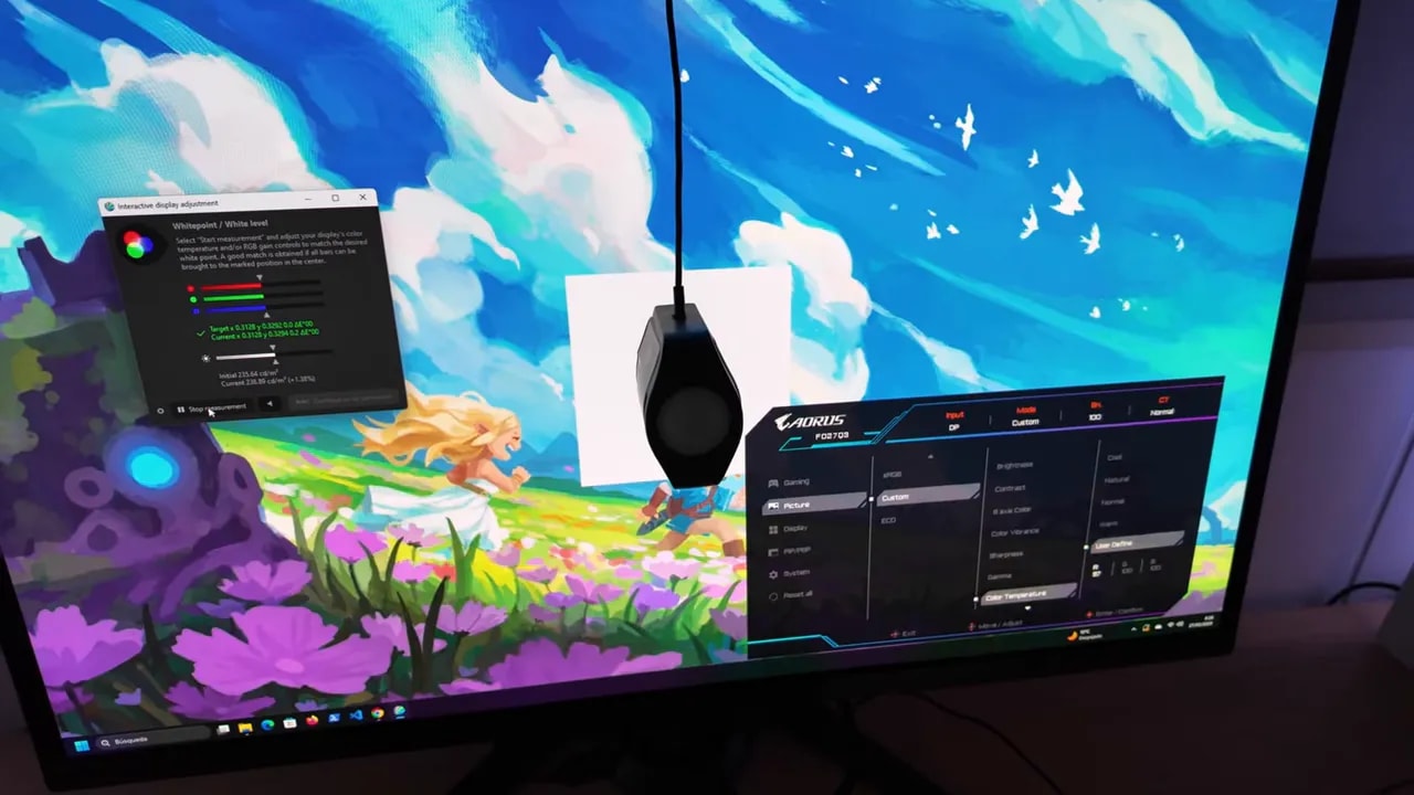 Ajustes de calibración de color mostrados en el monitor Gigabyte AORUS FO27Q3