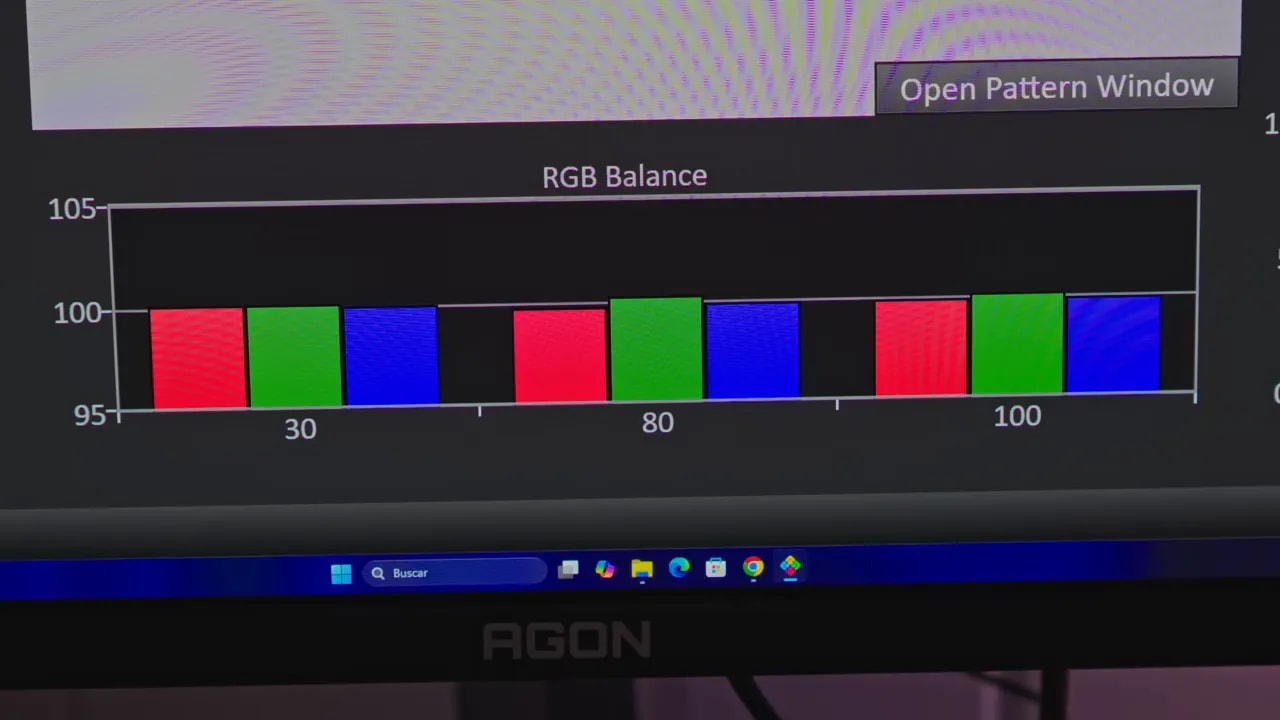 Pantalla de medición de calibración del AOC AGON AG326UD en modo cap sRGB con gráficos de balance RGB y gama