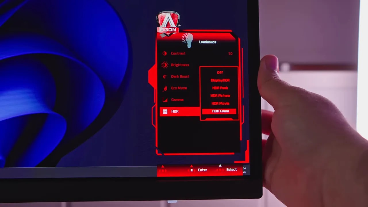 OSD HDR del AOC AGON AG326UD mostrando modos HDR y la opción DisplayHDR