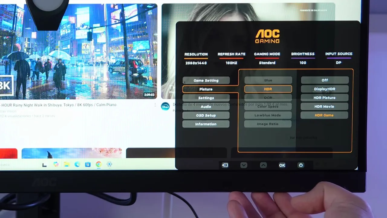 Monitor AOC mostrando contenido HDR en modo prueba