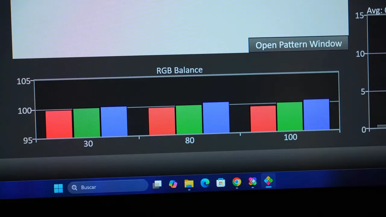 Gráfico de balance RGB en pantalla del AOC Q27G4ZE durante la calibración con patrón