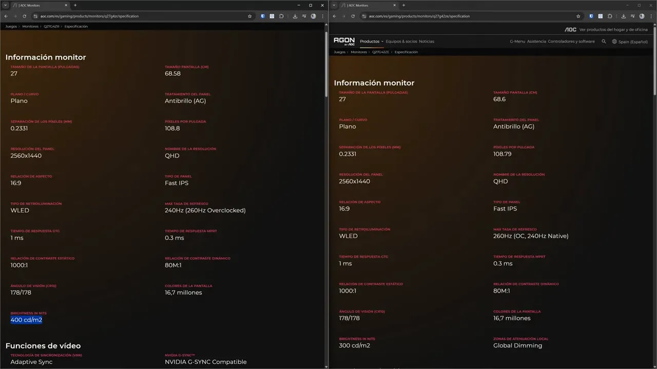 Comparación de la pantalla de especificaciones del AOC Q27G4ZE vs Q27G4ZR en navegador