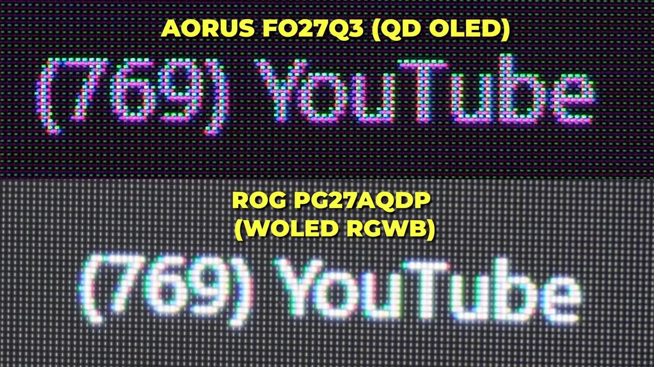 Pantalla de prueba con texto explicando subpíxeles OLED del AORUS FO27Q3 y el ROG PG27AQP