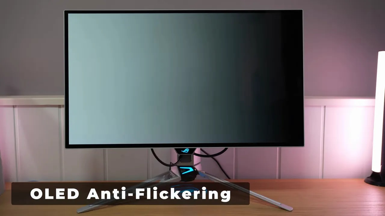 Texto en pantalla “OLED Anti-Flickering” en el Asus ROG Swift PG27AQWP-W