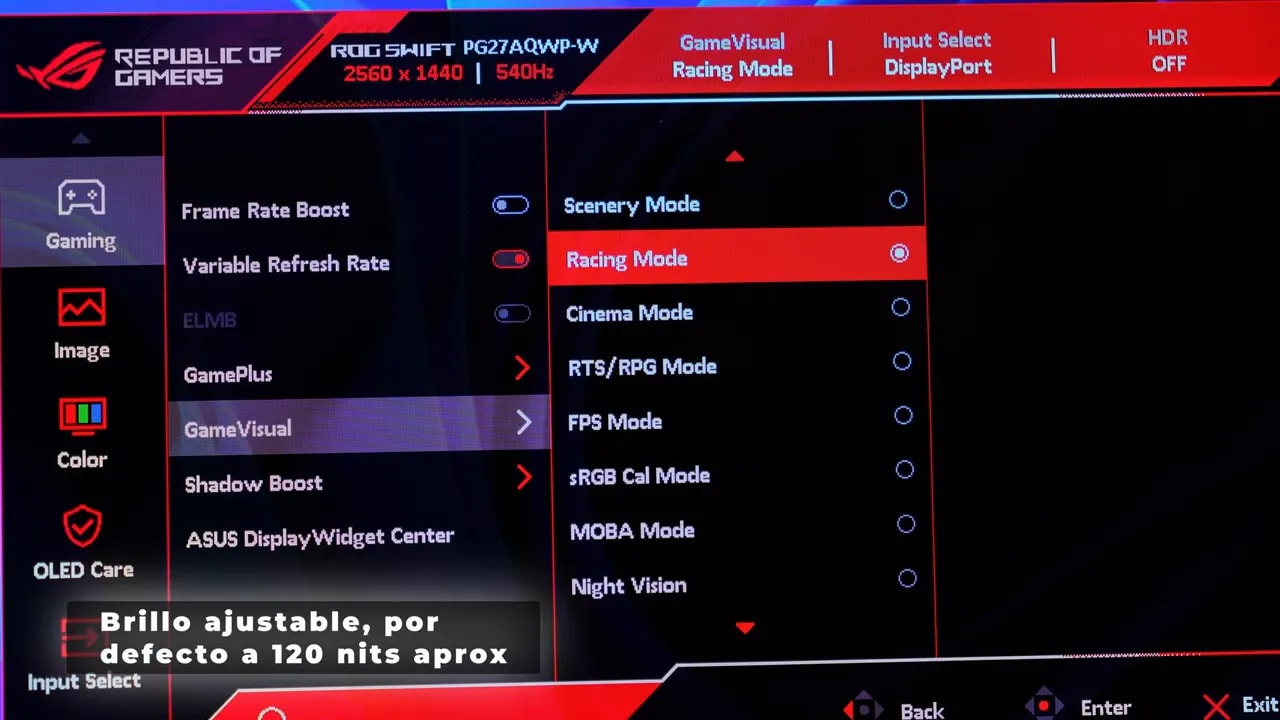 Menú OSD del Asus ROG Swift PG27AQWP-W mostrando GameVisual y modo Racing