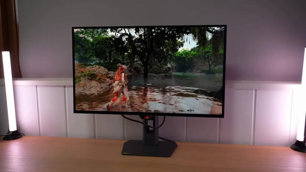 Asus ROG XG27AQWMG mostrando una escena de juego con acabado glossy