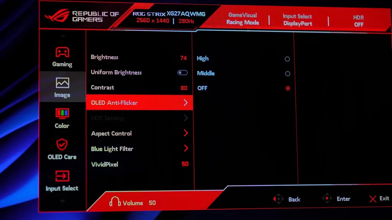 OLED Anti-Flicker en pantalla del Asus ROG XG27AQWMG con selección de modo