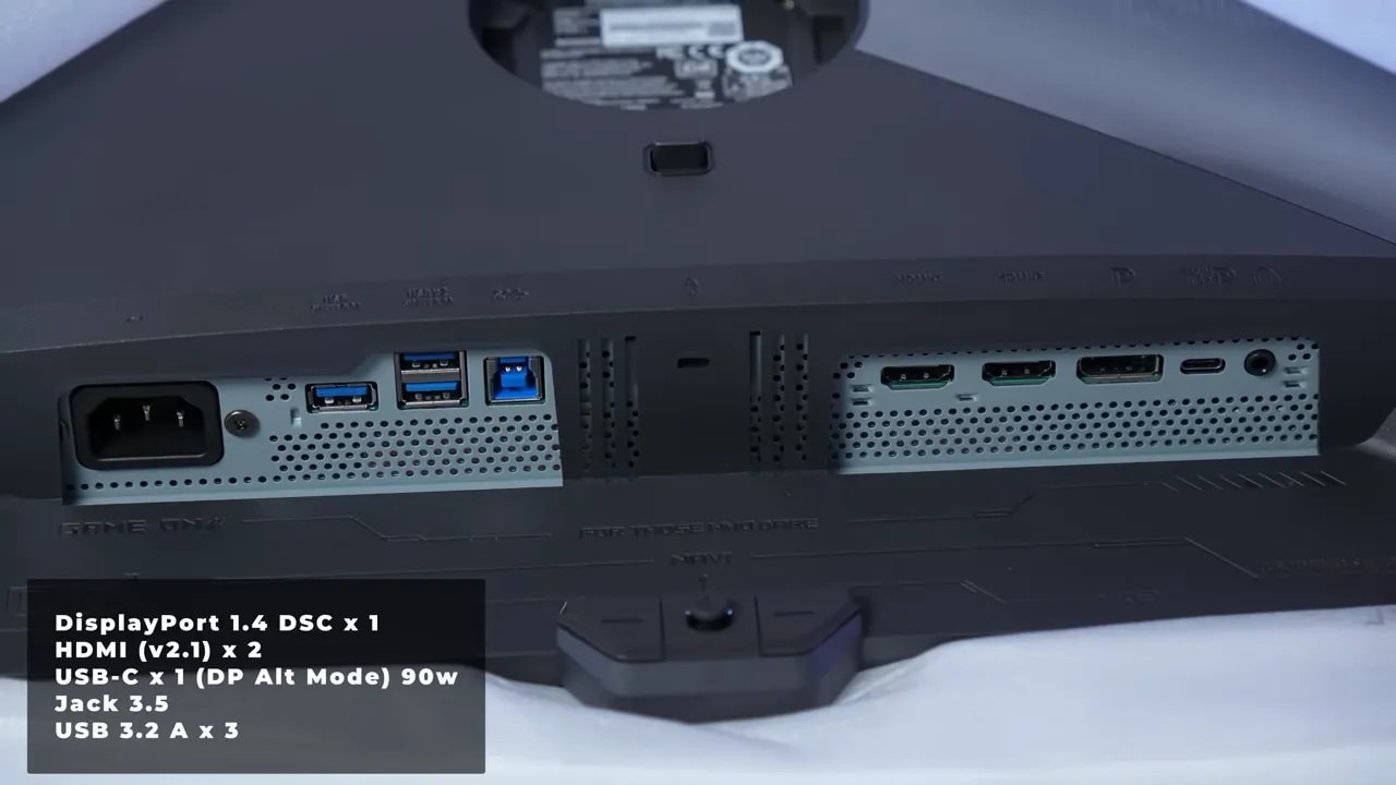 Panel de puertos del Asus ROG XG27UCDMG con USB-C 90W y conexiones