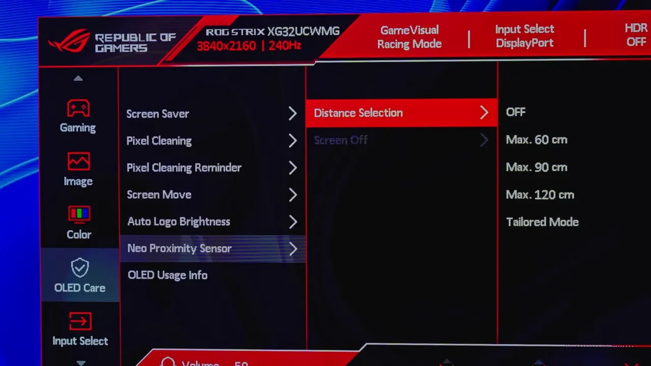 Configuración de Distance Selection del Neo Proximity Sensor en el OSD del ASUS ROG XG32UCWMG