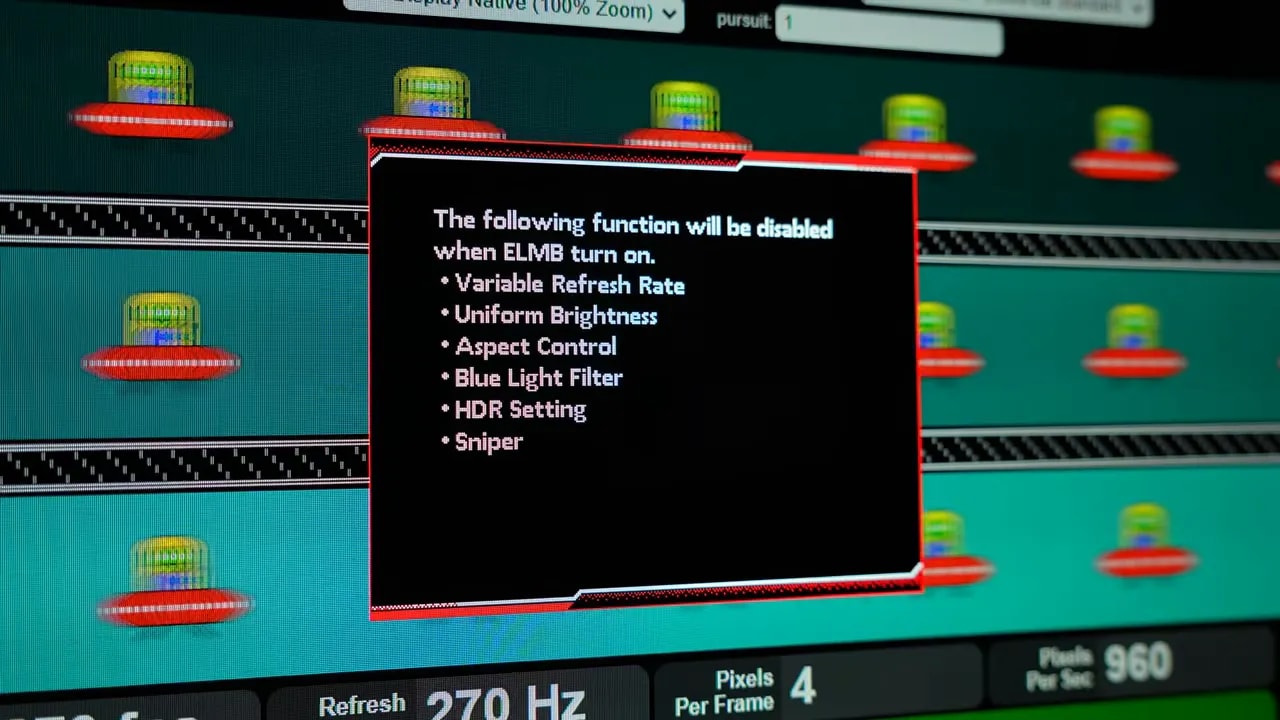 Pantalla de opciones del OSD indicando funciones desactivadas al activar ELMB/Frame Boost en el Asus ROG Swift PG27AQWP-W