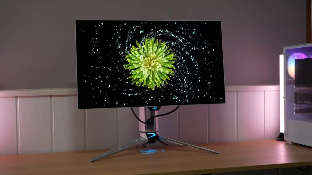 Monitor Asus ROG Swift PG27AQWP-W mostrando pantalla con patrón de gotas