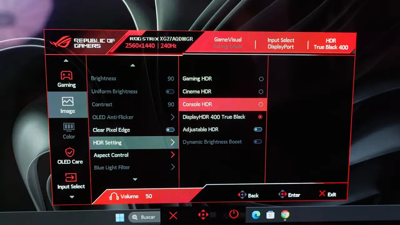 Gráficos de luminancia en HDR del ASUS ROG XG27AQDMGR para Brillo HDR, Cinema HDR, Console HDR y DisplayHDR 400