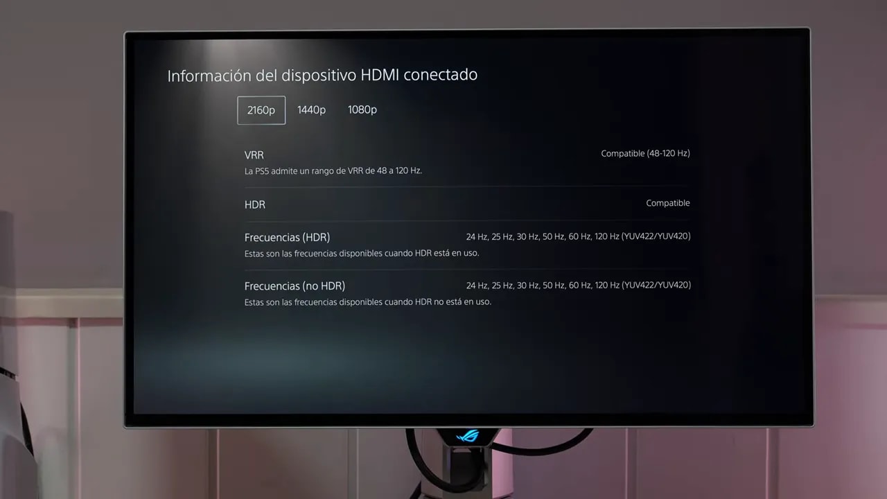 Pantalla de información HDMI del Asus ROG Swift PG27AQWP-W con compatibilidad VRR y HDR