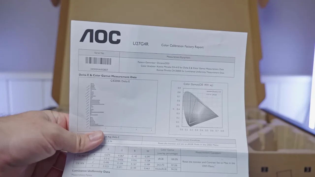 Cable HDMI 2.1 certificado ULTRA en la caja del monitor AOC U27G4R
