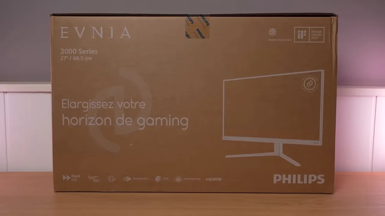 Caja del monitor Philips Evnia 27M2N3501PA con la pantalla y especificaciones impresas