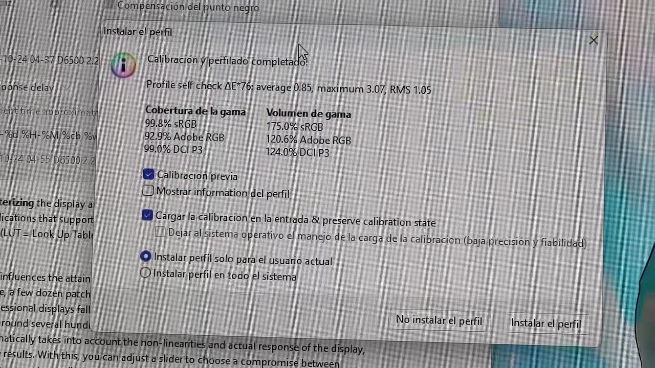 Ventana de calibración que confirma cobertura de gama y volumen de color del monitor Xiaomi Mini LED G Pro 27i