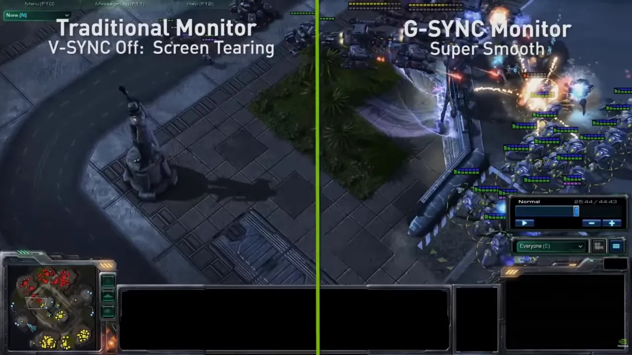 Comparación entre monitor tradicional con V-SYNC desactivado y monitor G-SYNC sin tearing en StarCraft 2