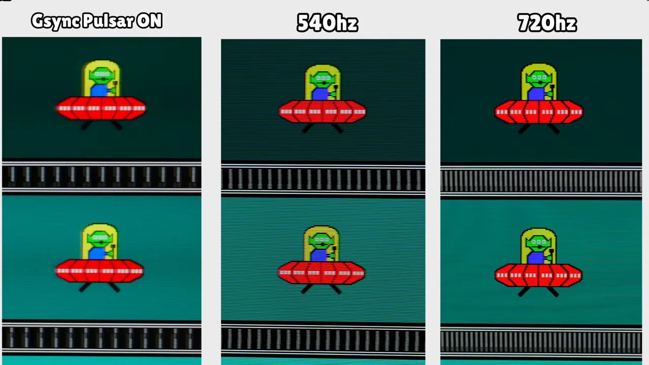 Comparativa de nitidez en movimiento con G-SYNC Pulsar ON frente a 540 Hz y 720 Hz