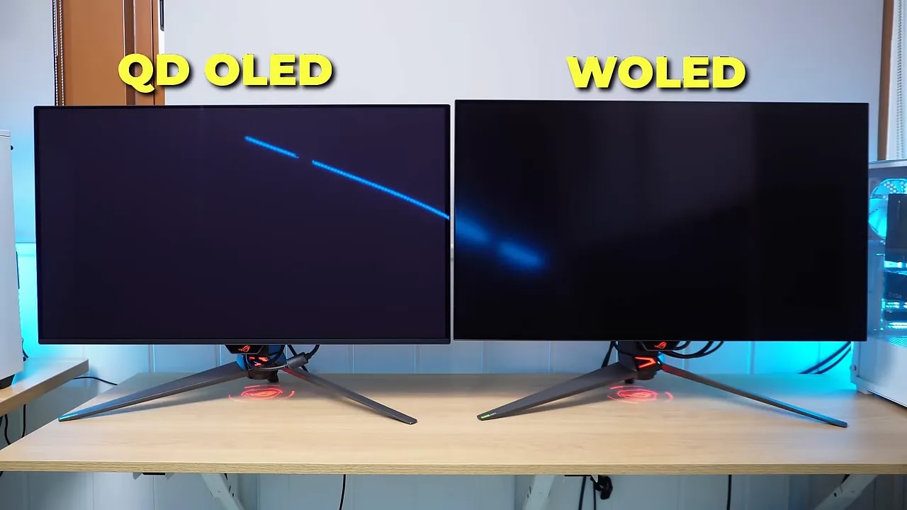 Comparativa en escritorio de dos monitores ASUS OLED: QD-OLED a la izquierda y WOLED a la derecha