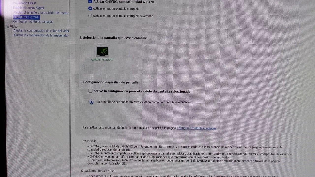 Configuración del sistema sobre activación de G-SYNC y opciones de pantalla para VRR