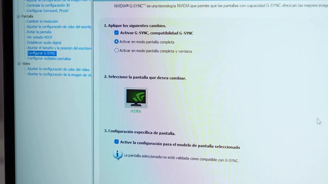 Ventana de NVIDIA G-SYNC mostrando compatibilidad/validación para KTC H27E6