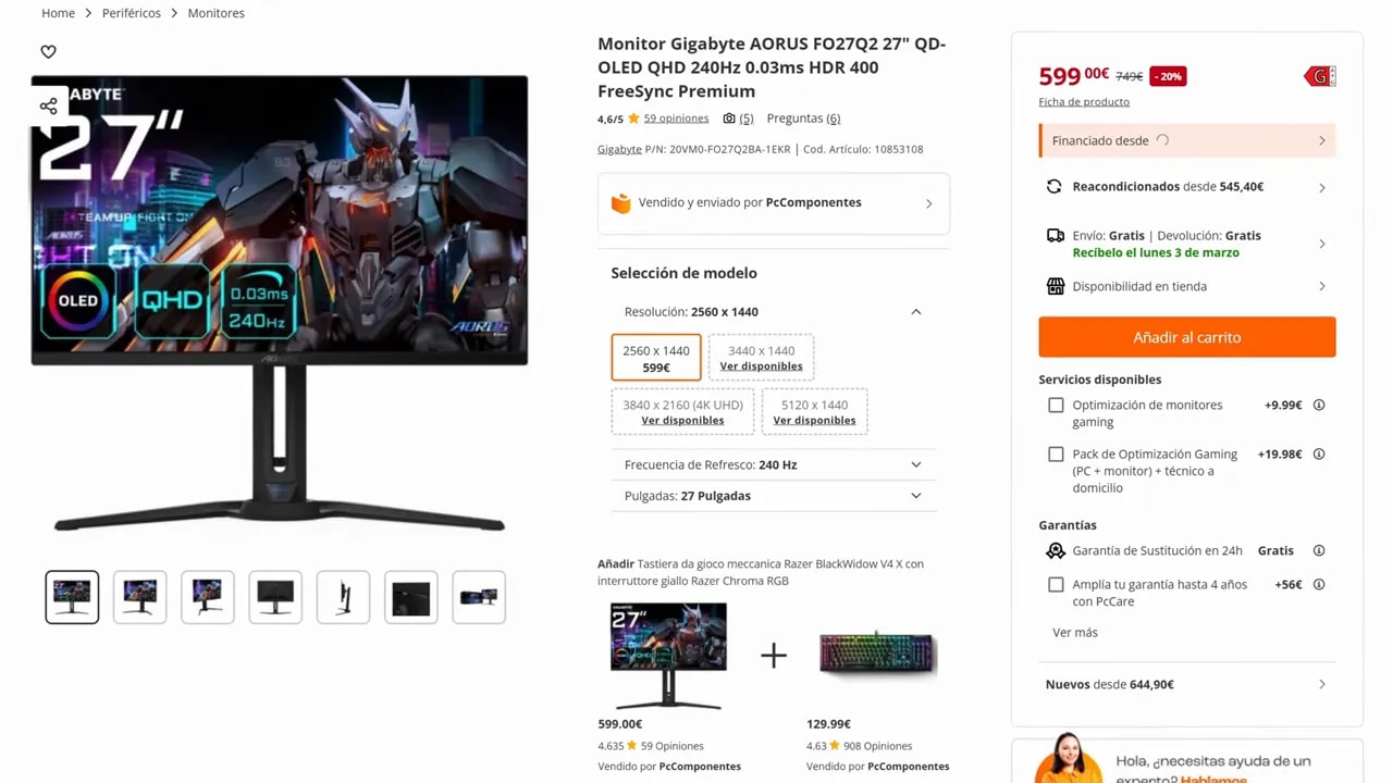 Página de producto del Gigabyte AORUS FO27Q2 en tienda con precio y especificaciones