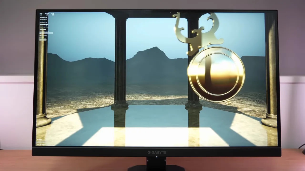 Pantalla del monitor Gigabyte GS27U mostrando prueba de movimiento con VRR