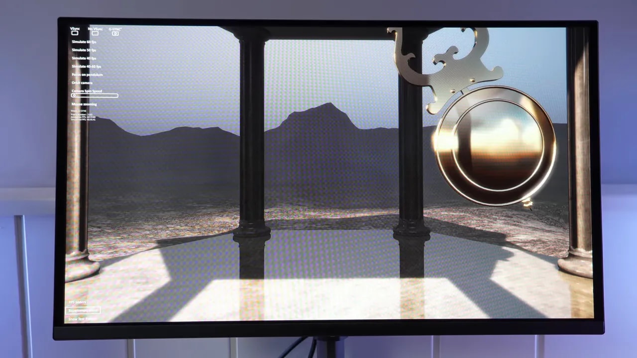 Pantalla del Gigabyte QD-OLED MO27Q2 mostrando señal de prueba con VRR (flickering)