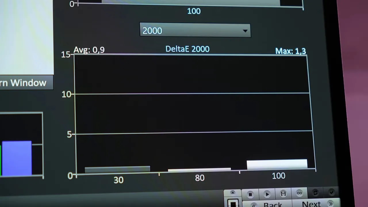 Gráfico DeltaE 2000 en pantalla de medición del Gigabyte MO27Q28G
