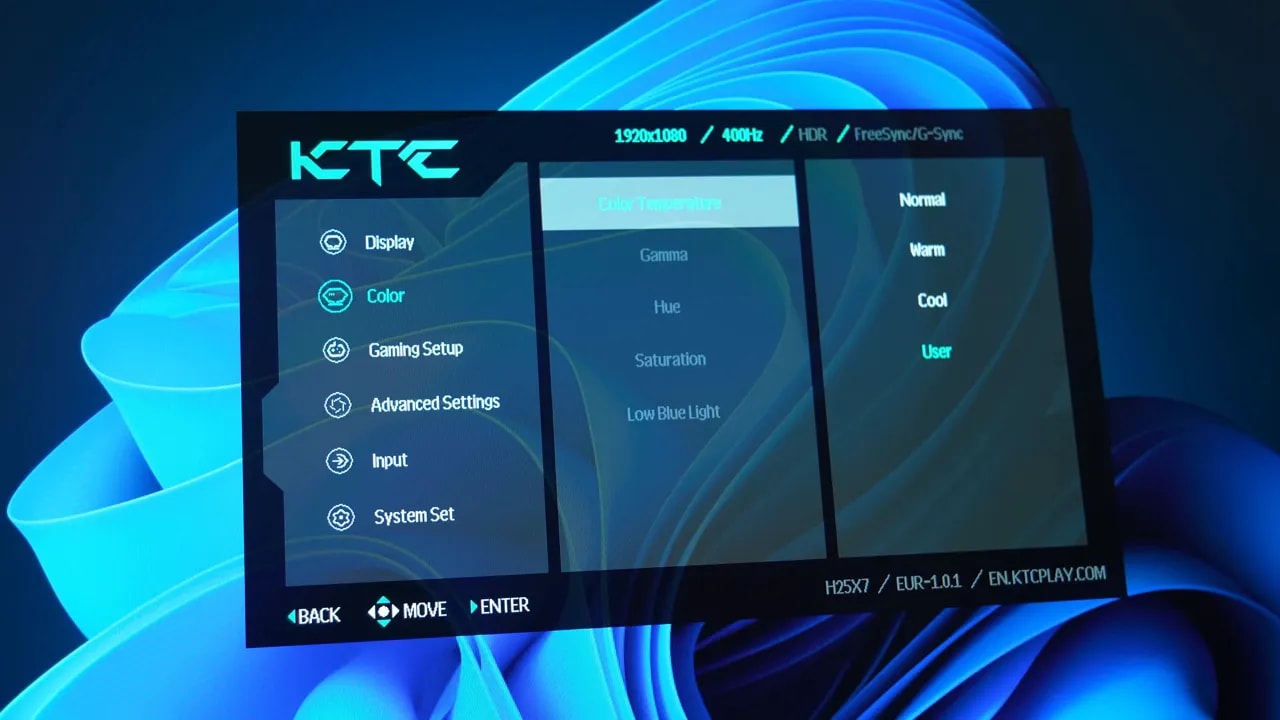 Menú de temperatura de color del KTC H25X7 con opciones Normal, Warm, Cool y User