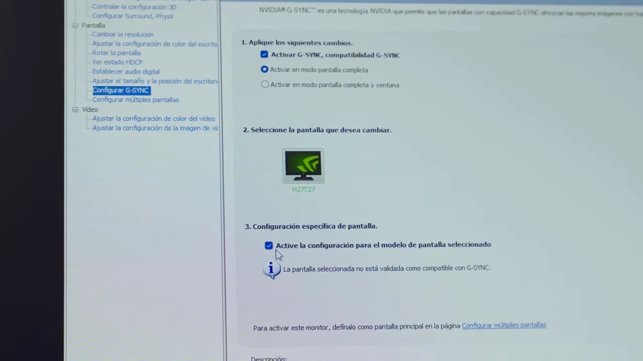 Configuración de NVIDIA G-SYNC y aviso de compatibilidad para el monitor KTC H27T27