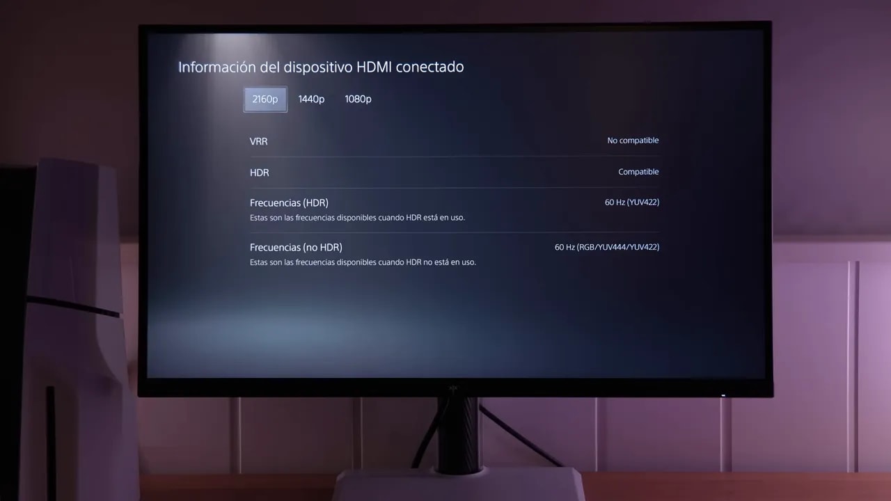 Pantalla de información del dispositivo HDMI conectado mostrando compatibilidad HDR y VRR en el KTC H27T27