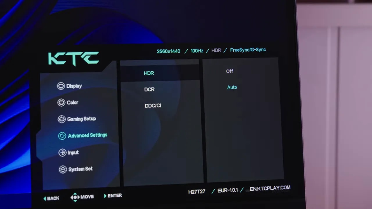 Pantalla del menú OSD del monitor KTC H27T27 mostrando la opción HDR