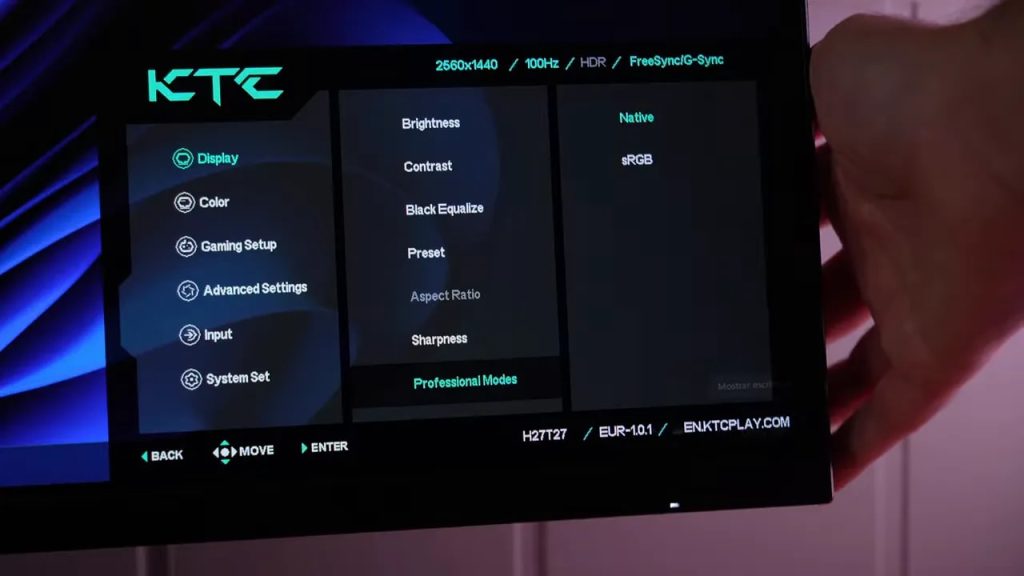 sRGB and Native mode selection in the KTC H27T27 monitor OSD (Professional Modes)