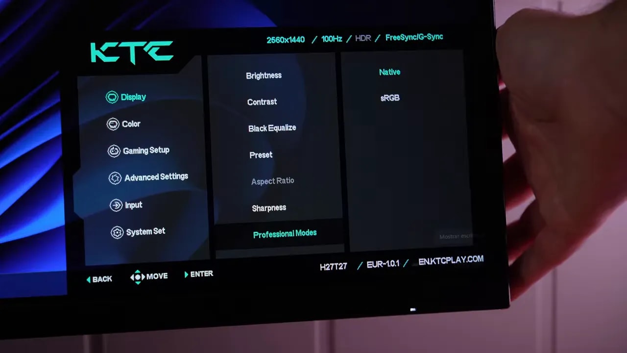 Selección del modo sRGB y modo Native en el OSD del monitor KTC H27T27 (Professional Modes)