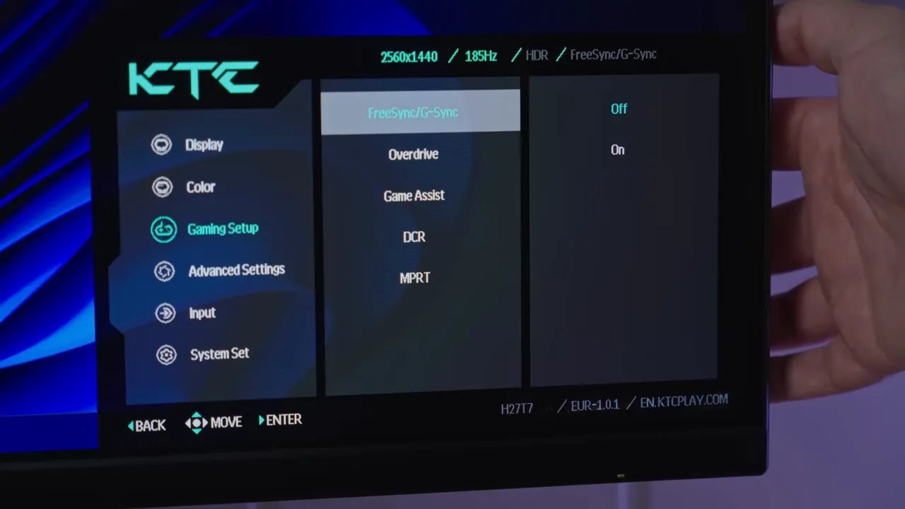 Menú OSD del KTC H27T7 con opciones de Adaptive Sync/FreeSync y overdrive (Off/On)