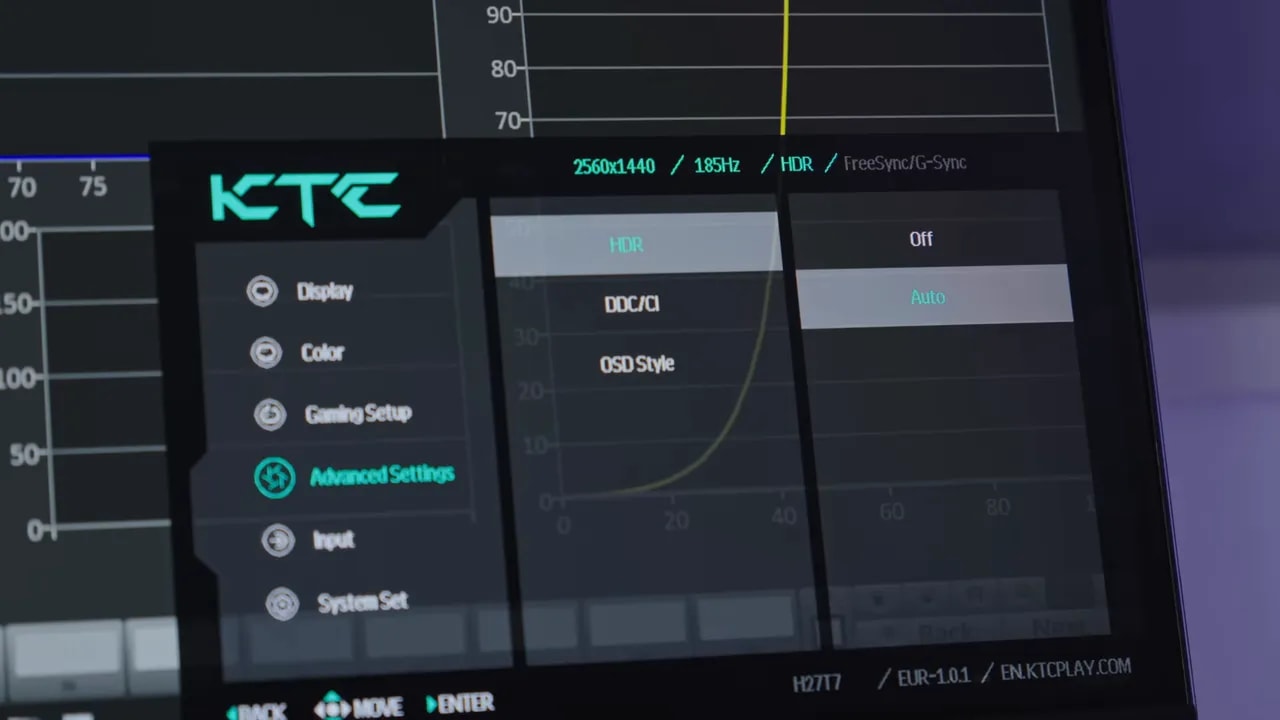 Menú OSD del KTC H27T7 mostrando la configuración de HDR (Auto/Off)
