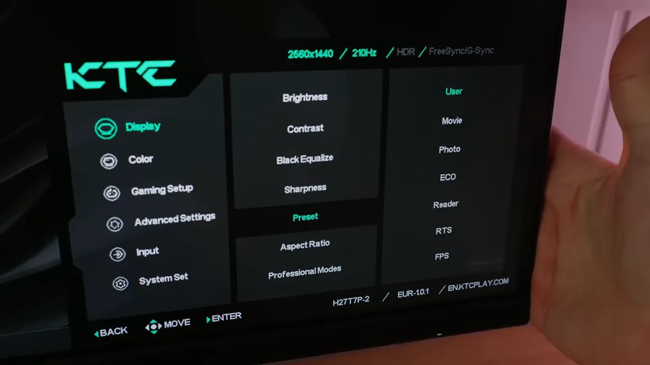 Menú de ajustes del monitor KTC H27T7P-2 con la lista de presets y opciones de imagen
