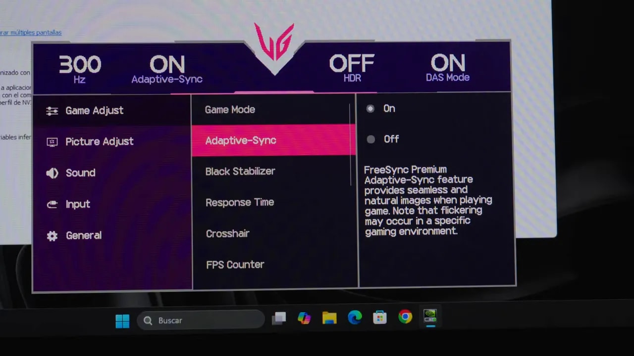 Menú de ajustes del LG 27G640A mostrando opciones Adaptive-Sync/VRR