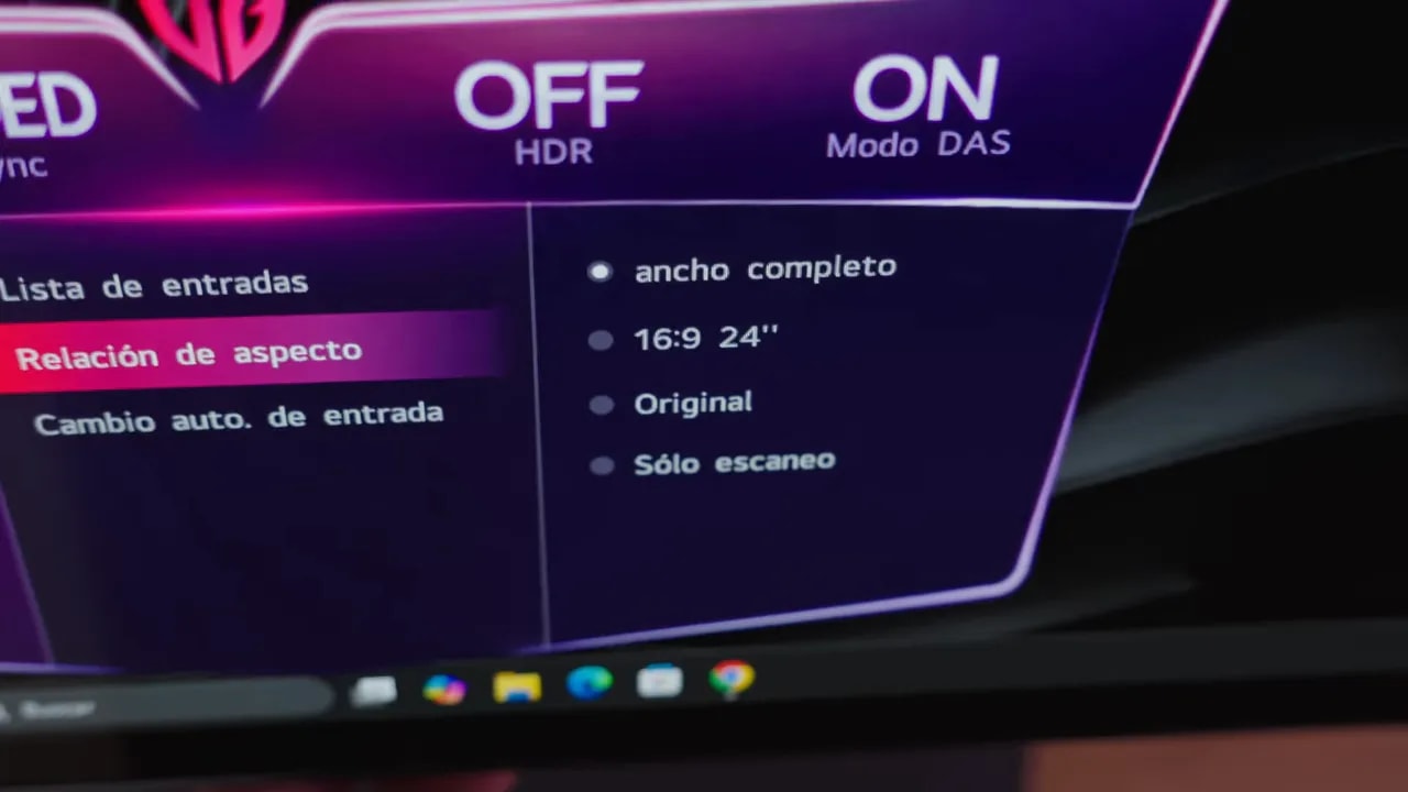 Captura del menú de ajustes del LG 27GX790A con opciones de modo HDR