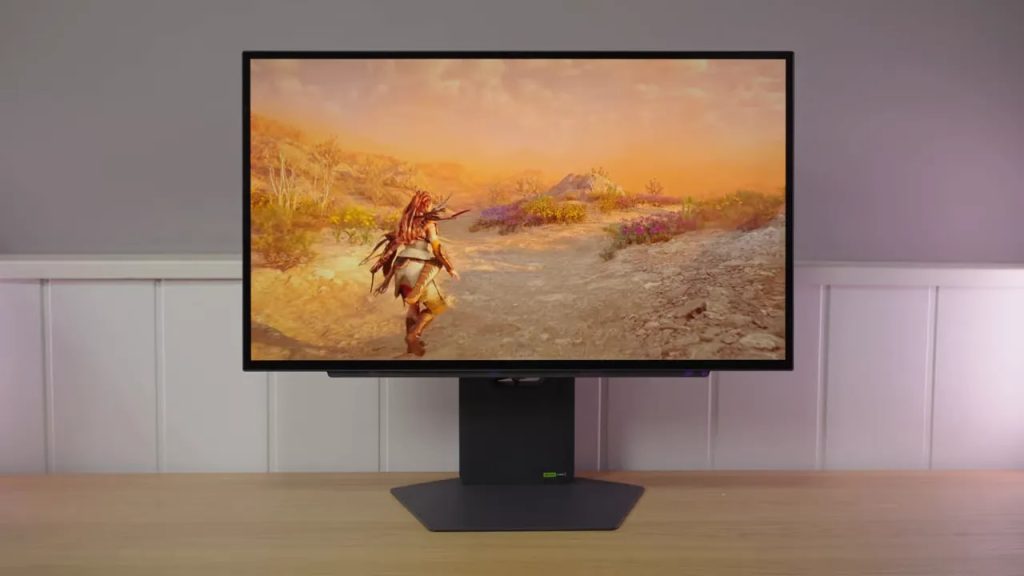 Monitor OLED LG 27GX790A con una escena de juego en pantalla sobre mesa