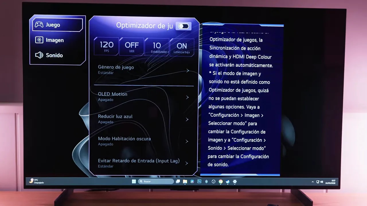 LG C5 OLED 42 mostrando el modo Optimizador de juegos con 144 Hz, VRR y ajustes de latencia