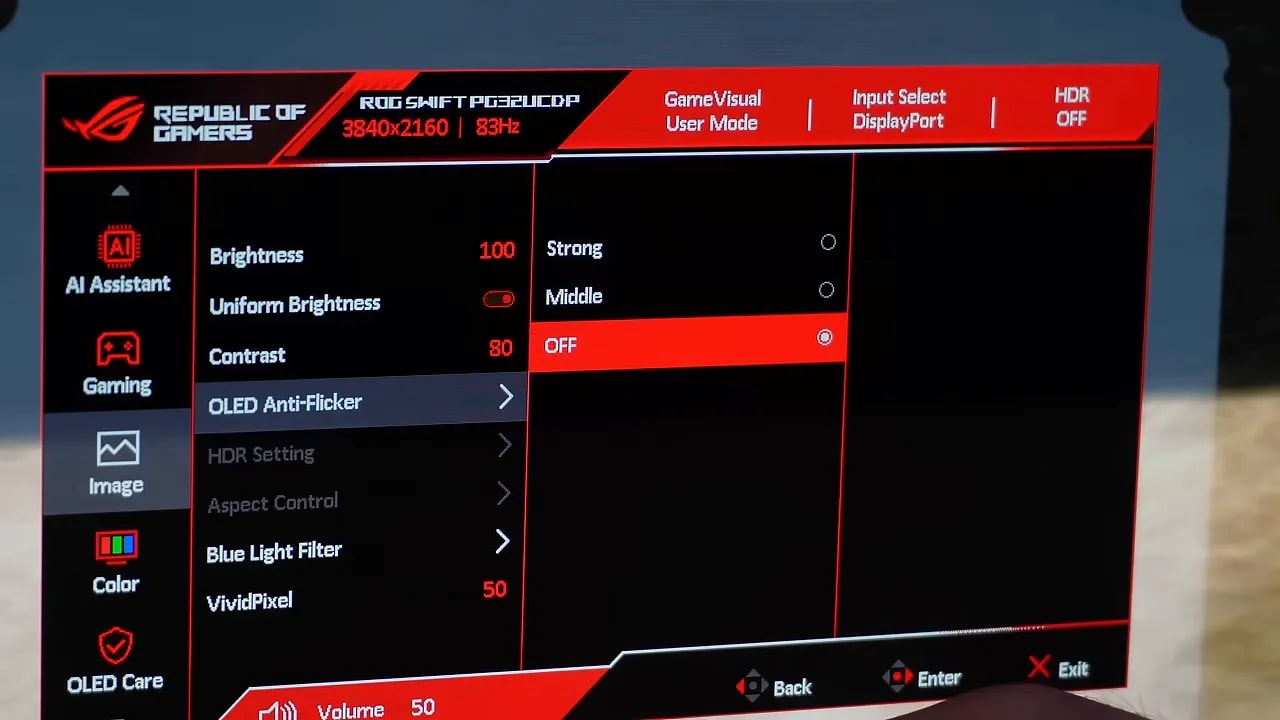 Menú del monitor ASUS ROG con ajuste OLED Anti-Flicker y opciones HDR/VRR