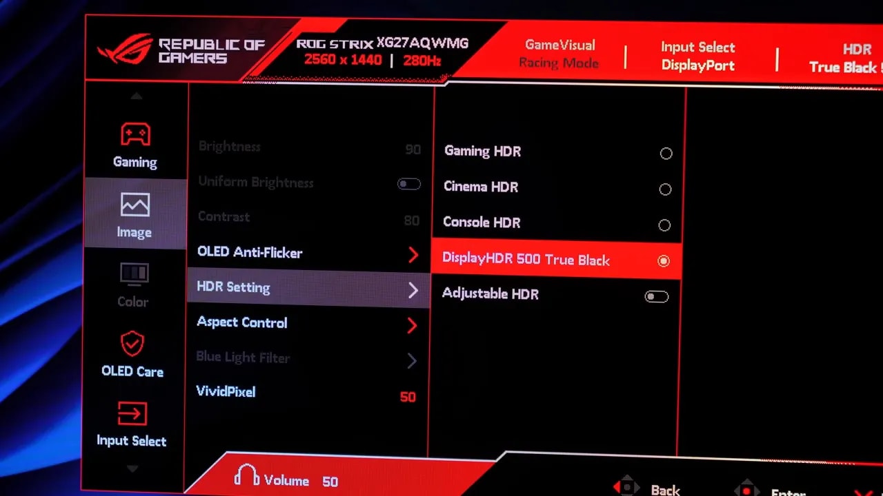 Menú HDR del Asus ROG XG27AQWMG con modo True Black 500 seleccionado