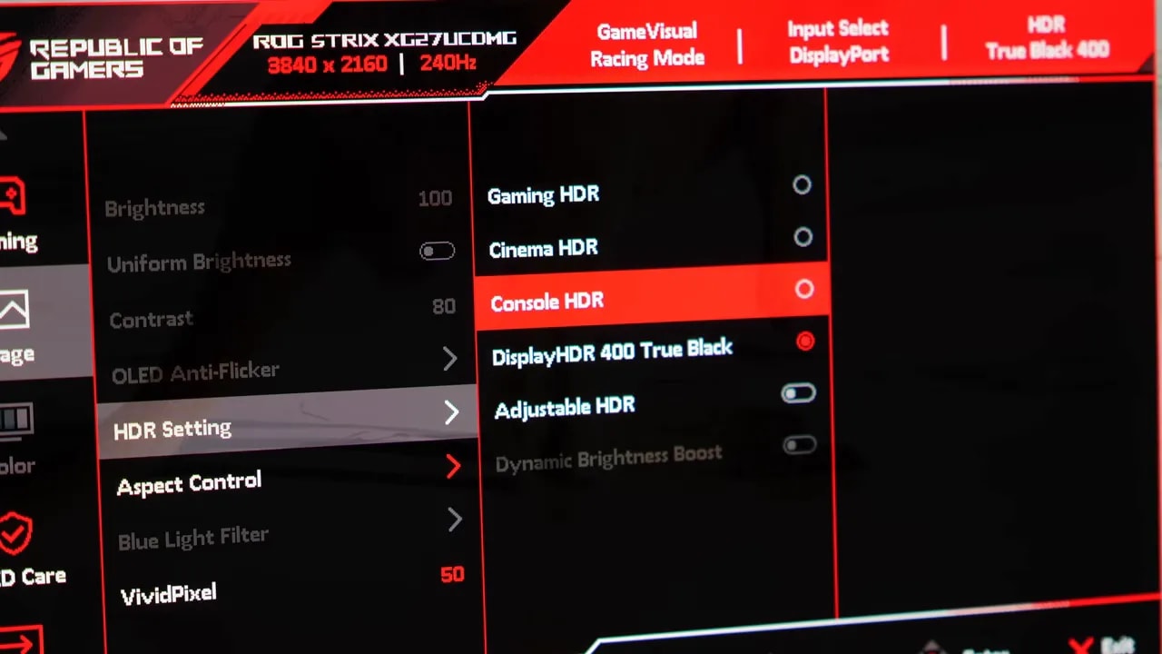 Menú HDR en pantalla del Asus ROG XG27UCDMG con True Black 400 y modos de alto brillo