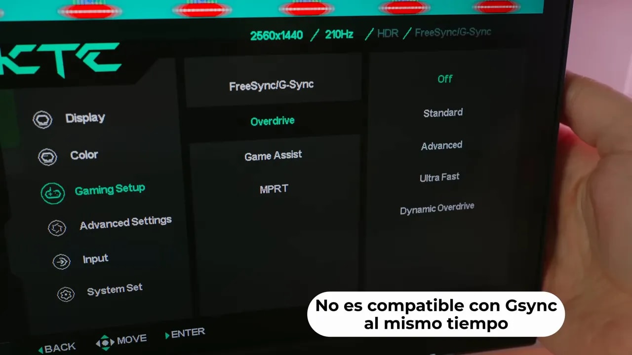Menú de MPRT del monitor con selección de modos de overdrive y aviso en pantalla