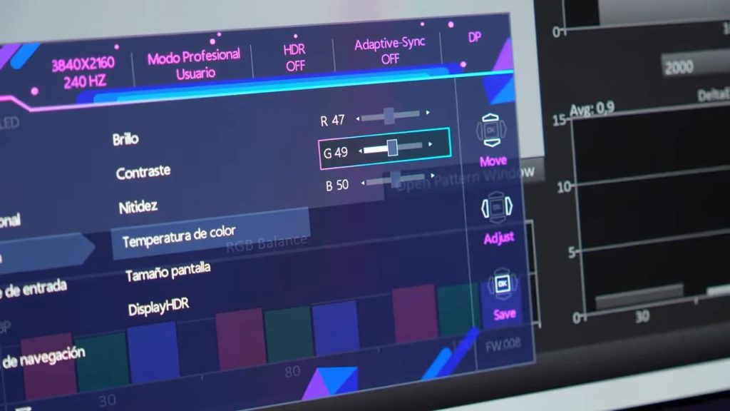 MSI MPG 272URX menu with color temperature adjustment and RGB balance in User mode
