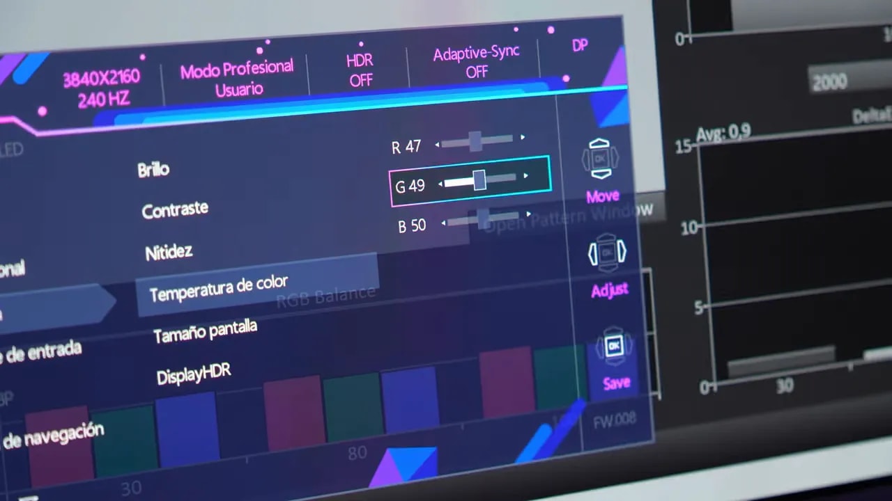 Menú del MSI MPG 272URX con ajuste de temperatura de color y RGB balance en modo usuario