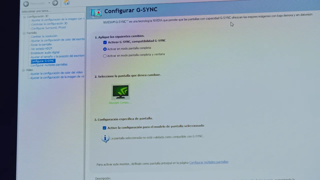 Menú de NVIDIA “Configurar G-SYNC” con la configuración para activar G-SYNC