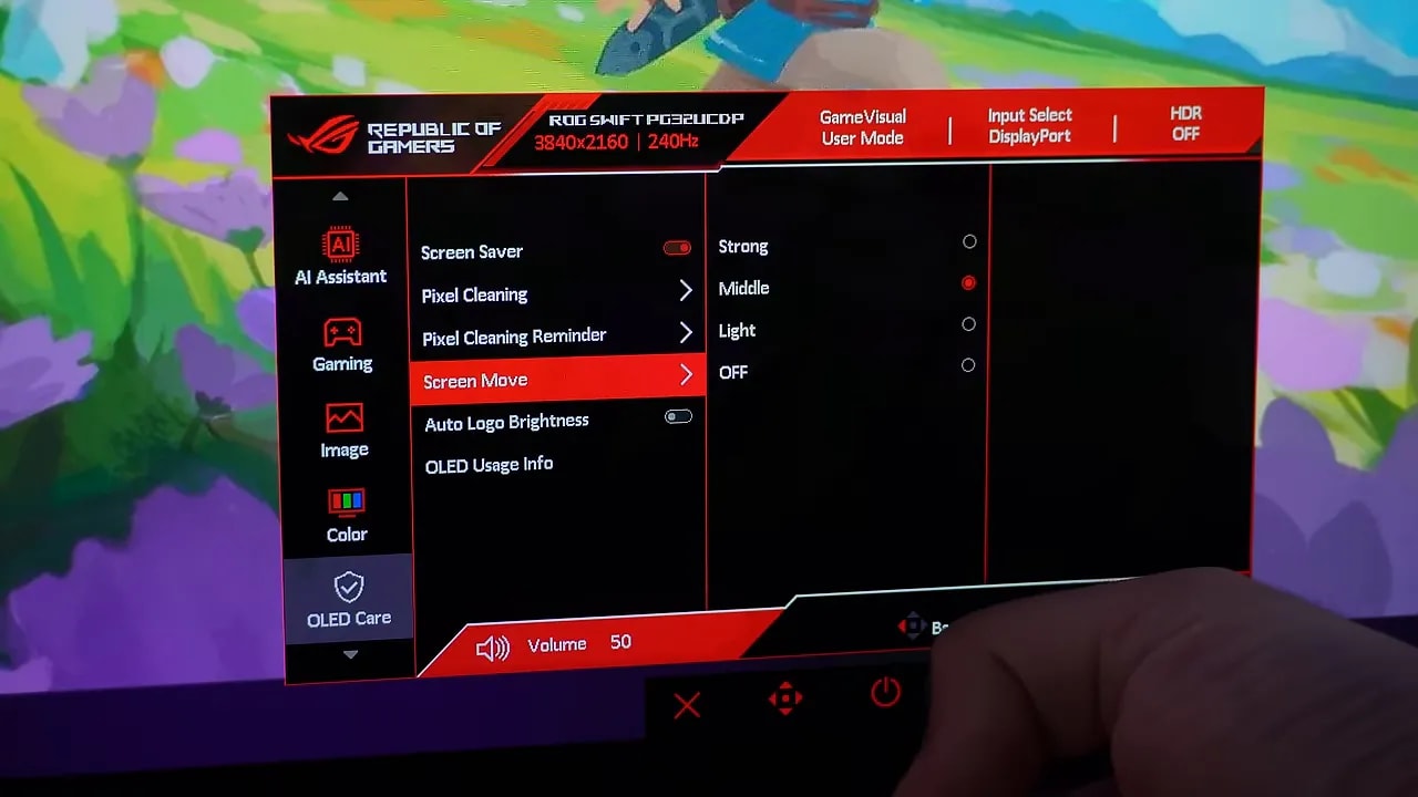 Menú OLED Care del monitor ASUS ROG (configuración de limpieza de píxeles y recordatorios)